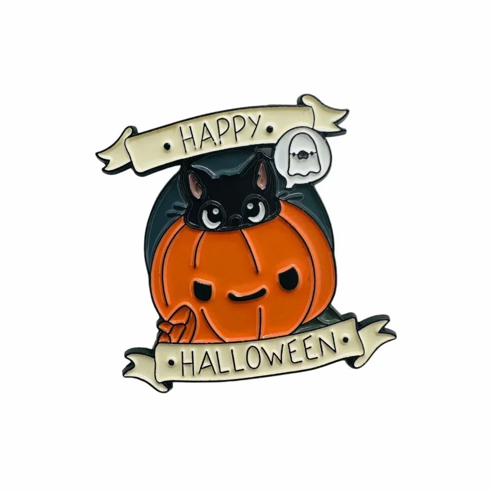 🤩Enamel Pins Halloween Punk Cute Ghost Pumpkin Skull Brooch Lapel Pin Orange Ne